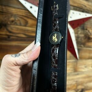 Wyoming Brown Leather Watch with Gold Accents and Steamboat logo